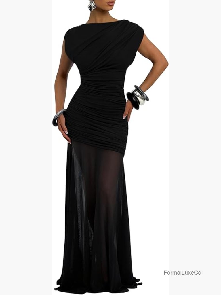 Elegant Sleeveless Ruched Bodycon Mesh Sheer Long Formal Evening Party Dress